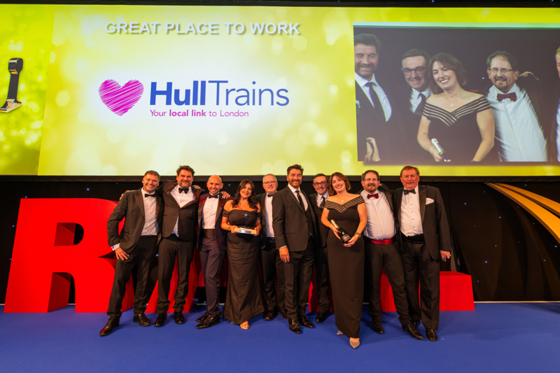 Hull Trains collecting the Great Place to Work award at the 2024 National Rail Awards. JACK BOSKETT/RAIL.