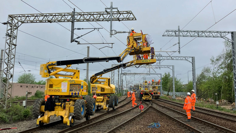 Ongoing work to electrify the railway between Wigan and Bolton. NETWORK RAIL.