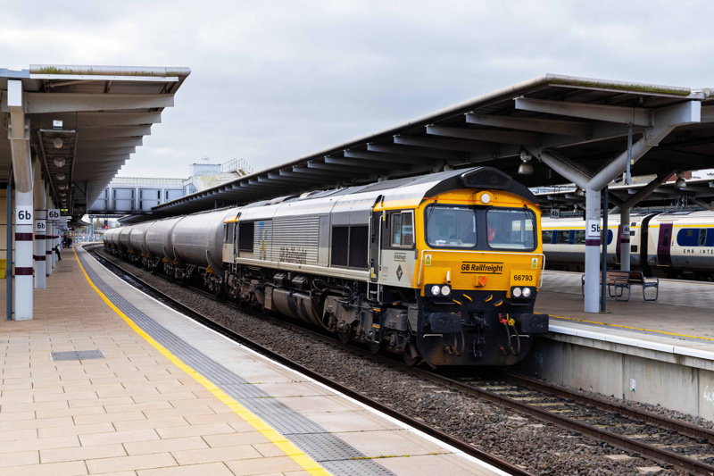 GBRF Railfreight Construction 66793 stands at Derby, working 6M72 0322 Grain Oil Terminal Gbrf to Sinfin Sdgs, on Tuesday 12th November 2024. STEVEN DONALD.