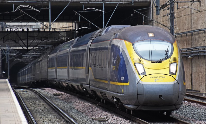 Eurostar train passing Stratford International.