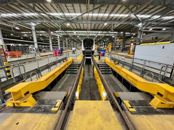  Inside Old Oak Common depot on October 31, 345061 sits on M8 road with a bogie drop prominent in the foreground. PHILIP HAIGH.