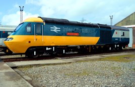 Displaying its ‘Flying Banana’ original IC125 livery, the first-built production series High Speed Train power 43002 Sir Kenneth Grange stands at St Philips Marsh on May 2. DARREN FORD. 