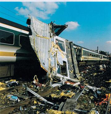 The scene at Ladbroke Grove, following the crash between a First Great Western HST and a Thames Turbo on October 5 1999. HSE.