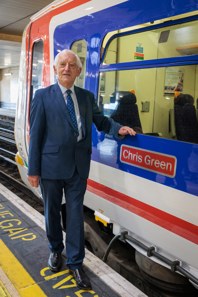 Chris Green with the Network SouthEast liveried Class 465 named after him. SOUTHEASTERN.