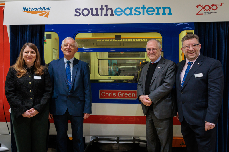 Sophie Barker, Head of Major Programmes, Southeastern; Chris Green, Rail Minister Lord Hendy of Richmond Hill and Steve White, MD of Southeastern after the unveiling of a Network SouthEast liveried Class 465 named after Green. SOUTHEASTERN.