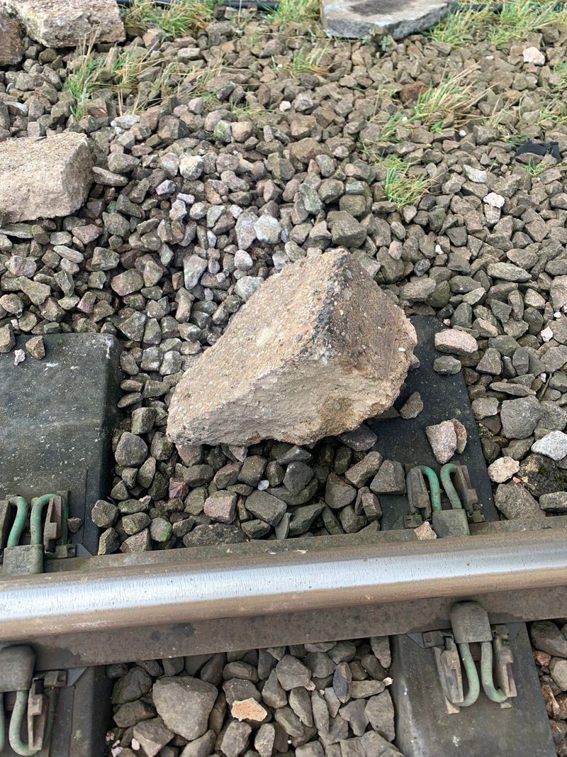 A rock found on the track after it was thrown at Allsops Bridge near Loughborough. EMR.