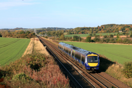 ScotRail 170403 passes Hillend (near Dalgety) on October 10 2024 with the 0939 Edinburgh-Perth service. PAUL BIGGS.