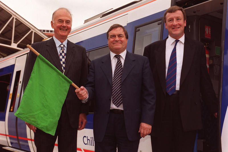 John Prescott, centre, with Head of Strategic Rail Authority, Alistair Morton, left, who was Chairman of the Strategic Rail Authority, and the Managing director of Chiltern Railways, Adrian Shooter