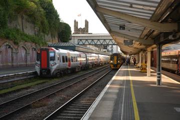 Transport for Wales Class 197008 and 158818 stand at Shrewsbuy station on May 13. The station may soon be welcoming direct London trains, if WSMR’s application is approved. DAVID STUBBINGS.