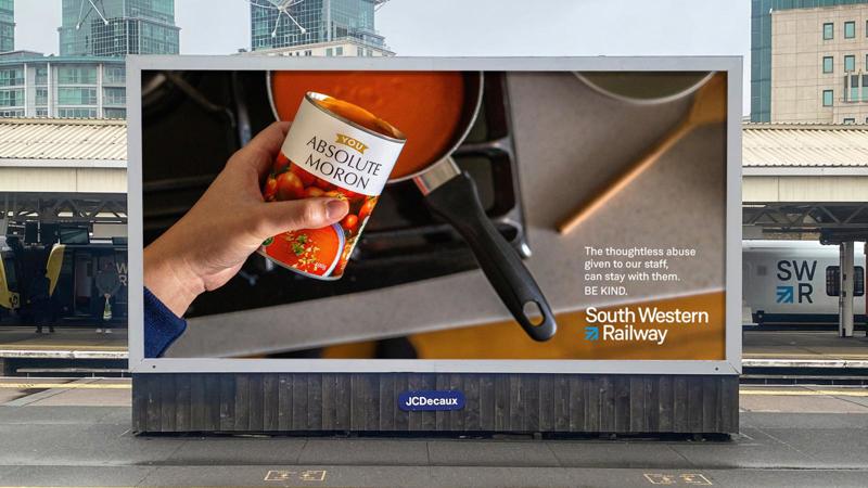 South Western Railway‘s poster campaign at stations reminds customers that railway staff deserve to be treated with respect, by showing how insults stick with employees outside of working hours. SWR.