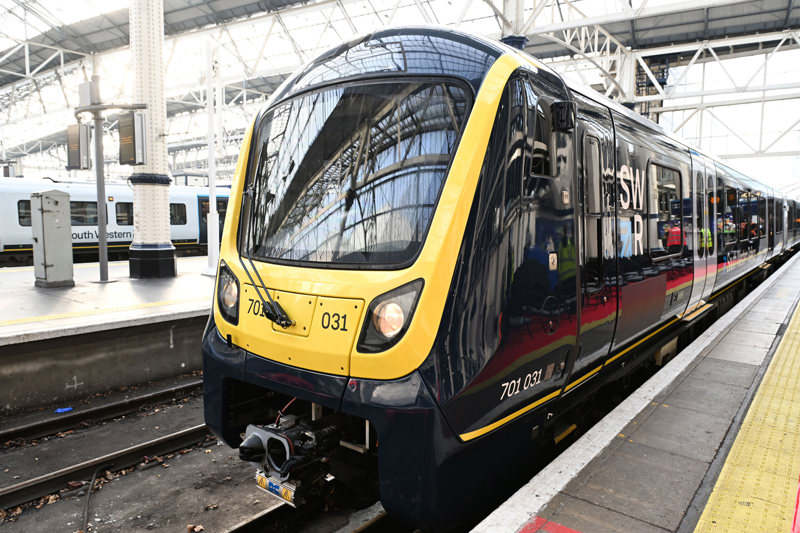 South Western Railway (SWR) 701031 arrives at London Waterloo for the Arterios' official launch into traffic. SWR.