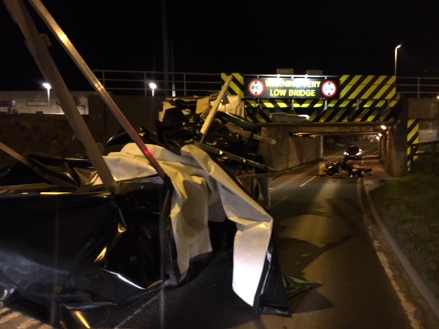 A damaged lorry after hitting the bridge over Stuntney Road, Ely. NETWORK RAIL.