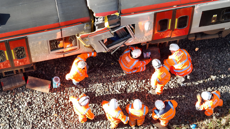 Network Rail and Transport for Wales teams separating the two 158 units at Talerddig after Monday's crash