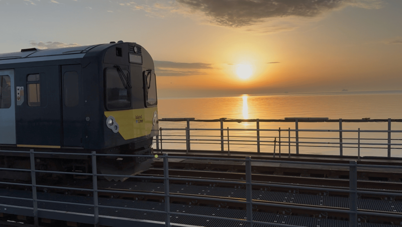 First Island Line train to serve Ryde Pier since September 2024 is seen at around 0523 on May 2 2025. NETWORK RAIL.