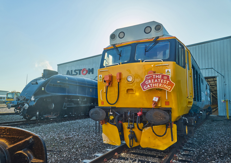 Class 50 50049 and A4 60007 Sir Nigel Gresley at Alstom's Litchurch Lane in Derby for the launch of The Greatest Gathering for Railway 200. ALSTOM