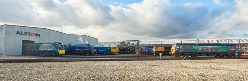 The Greatest Gathering Launch 3 –  (left to right) Class 390 Pendolino (390200), LNER Class A4 (60007) ‘Sir Nigel Gresley’, Class 50 (50049) ‘Defiance’, Merchant Navy Class (35018) ‘British India Line’, Class 37 (37800), ‘Cassiopeia’, Class 66 (66315), and Class 57 (57307) ‘Lady Penelope’. ALSTOM.