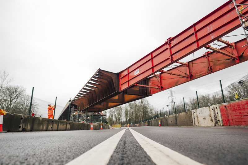 The nose of the Small Dean Viaduct deck over the A413 during the move on January 31. HS2 LTD.