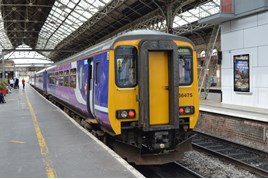 Northern 156475 stands at Preston on July 20 2015, on hire to TPE. RICHARD CLINNICK.