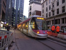 Midland Metro Tram 35 passes through Birmingham City Centre on December 1. MICHAEL BEVAN.