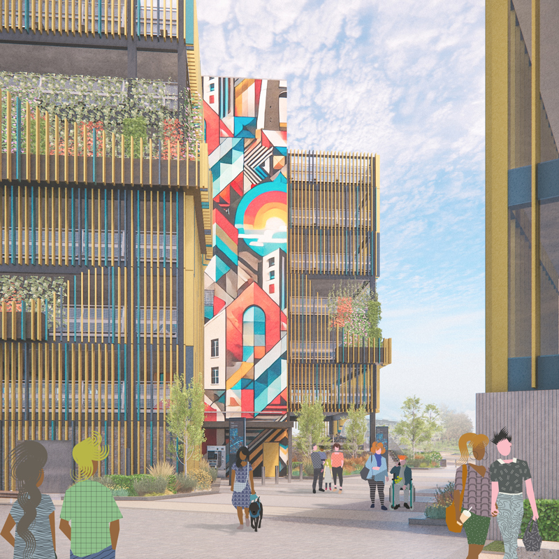 A CGI of the proposed multi-storey car park at Bristol Temple Meads' 'Southern Gateway'. BTQLLP.