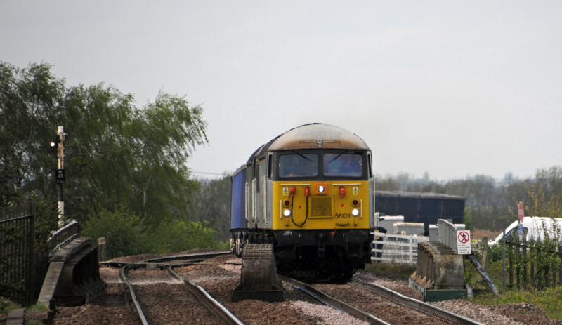 DCRail’s 56103 and 56301 pass the site of the stolen signal just outside Whittlesea station on April 18 with the 1108 Cheddesden Sidings-Kings Lynn T.C. aggregrates train. JOHN RUDD.