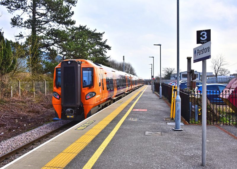 West Midlands Railway has Class 196s out of traffic awaiting engine changes. WMR 196106 passes Pershore, on the North Cotswold Line, with the 0941 Tyseley LMD-Long Marston on February 14. STEPHEN WIDDOWSON.