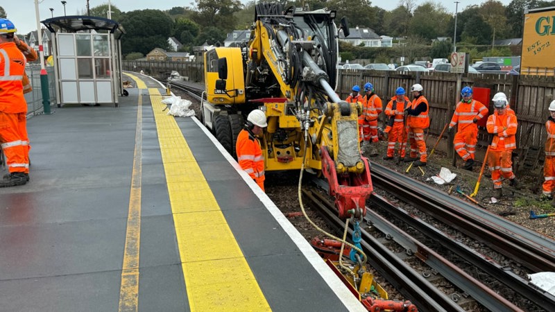 Network Rail teams replacing track at Lymington Pier station